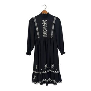 Signature Black Midi Dress with White Floral Embroidery